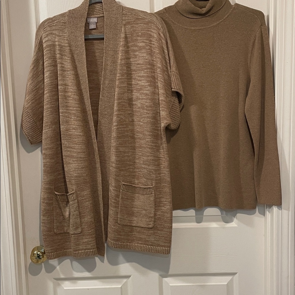 Chico's Cozy Tan Women's Sweater Vest with Pockets & Turtleneck Size 16/18